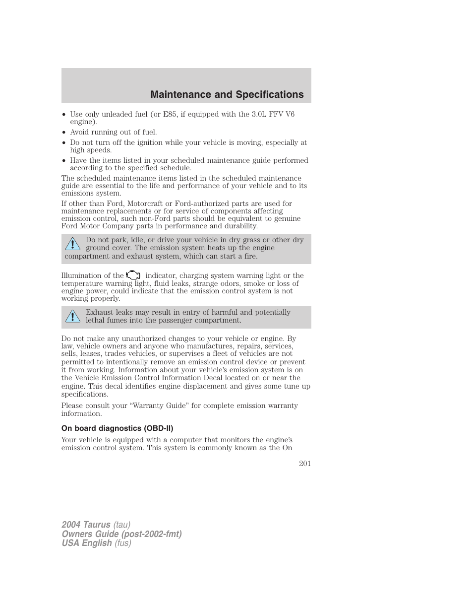 Maintenance and specifications | FORD 2004 Taurus v.1 User Manual | Page 201 / 240