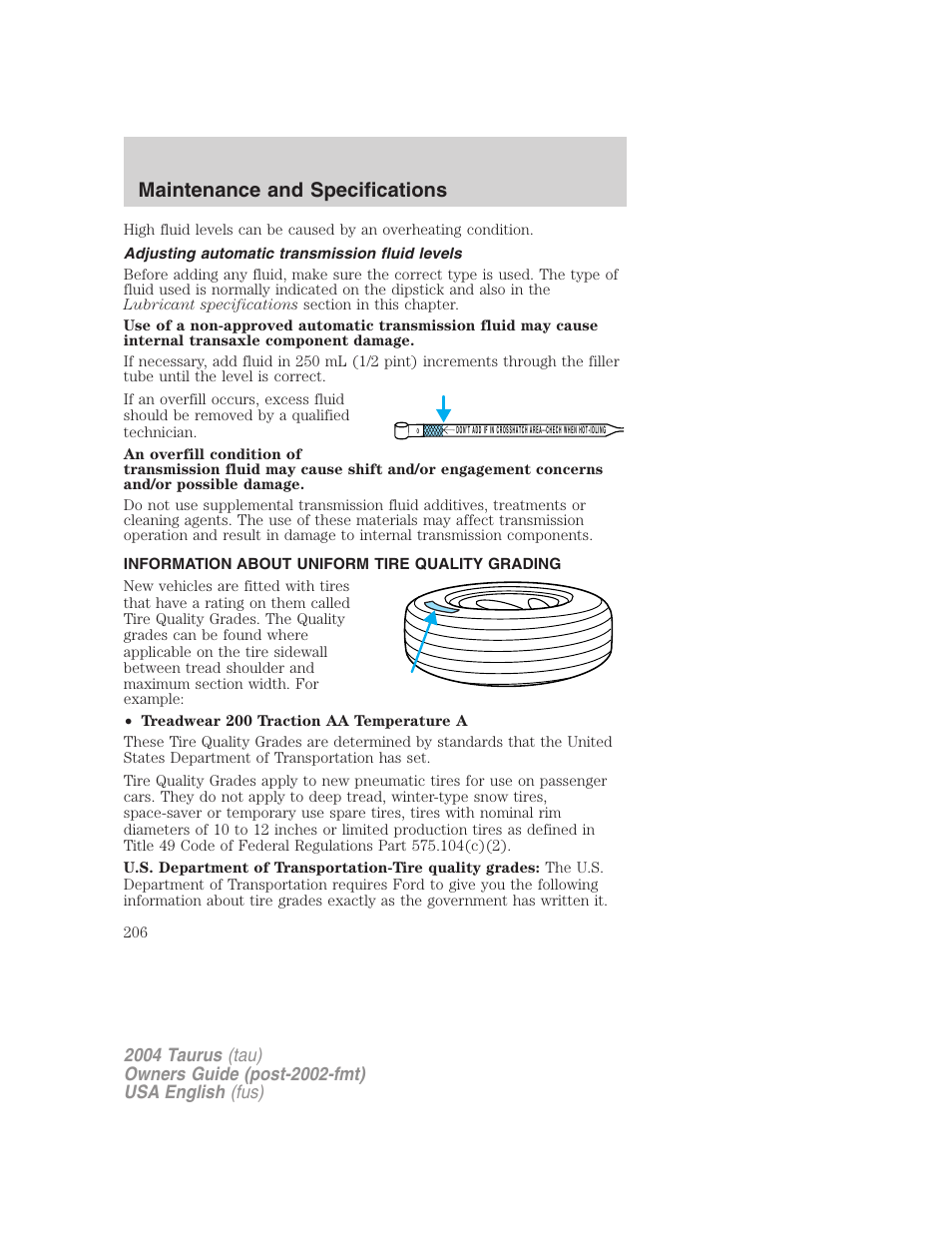 Maintenance and specifications | FORD 2004 Taurus v.1 User Manual | Page 206 / 240