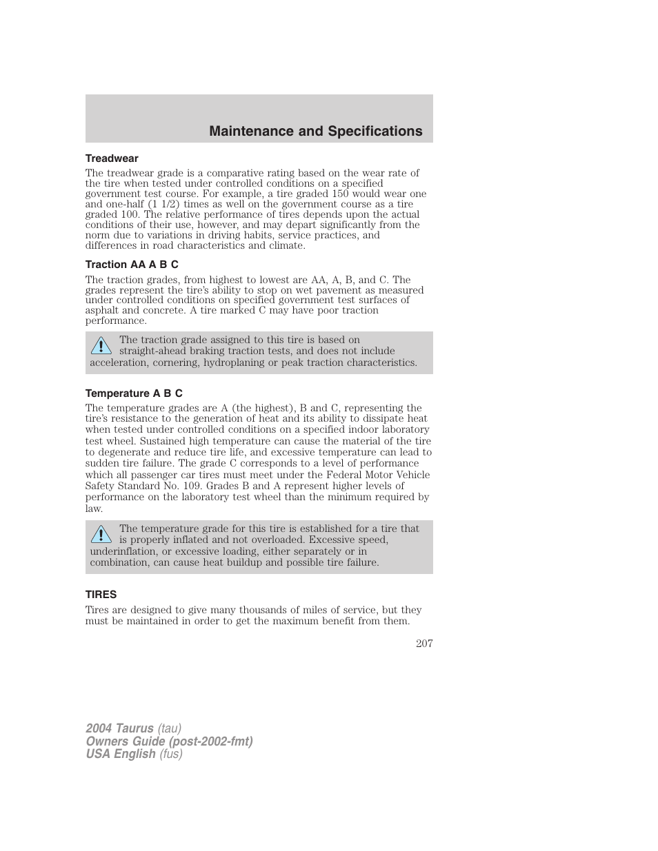 Maintenance and specifications | FORD 2004 Taurus v.1 User Manual | Page 207 / 240