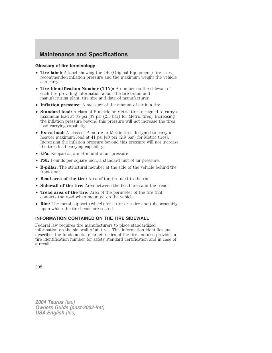 Maintenance and specifications | FORD 2004 Taurus v.1 User Manual | Page 208 / 240