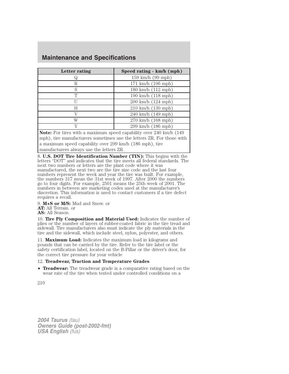 Maintenance and specifications | FORD 2004 Taurus v.1 User Manual | Page 210 / 240