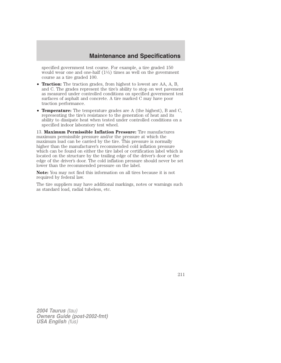 Maintenance and specifications | FORD 2004 Taurus v.1 User Manual | Page 211 / 240