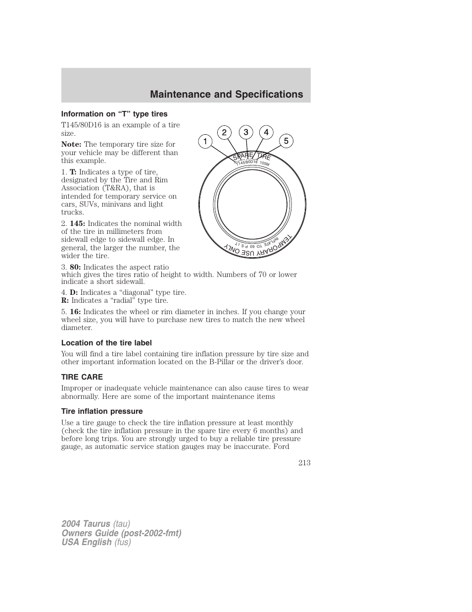 Maintenance and specifications | FORD 2004 Taurus v.1 User Manual | Page 213 / 240
