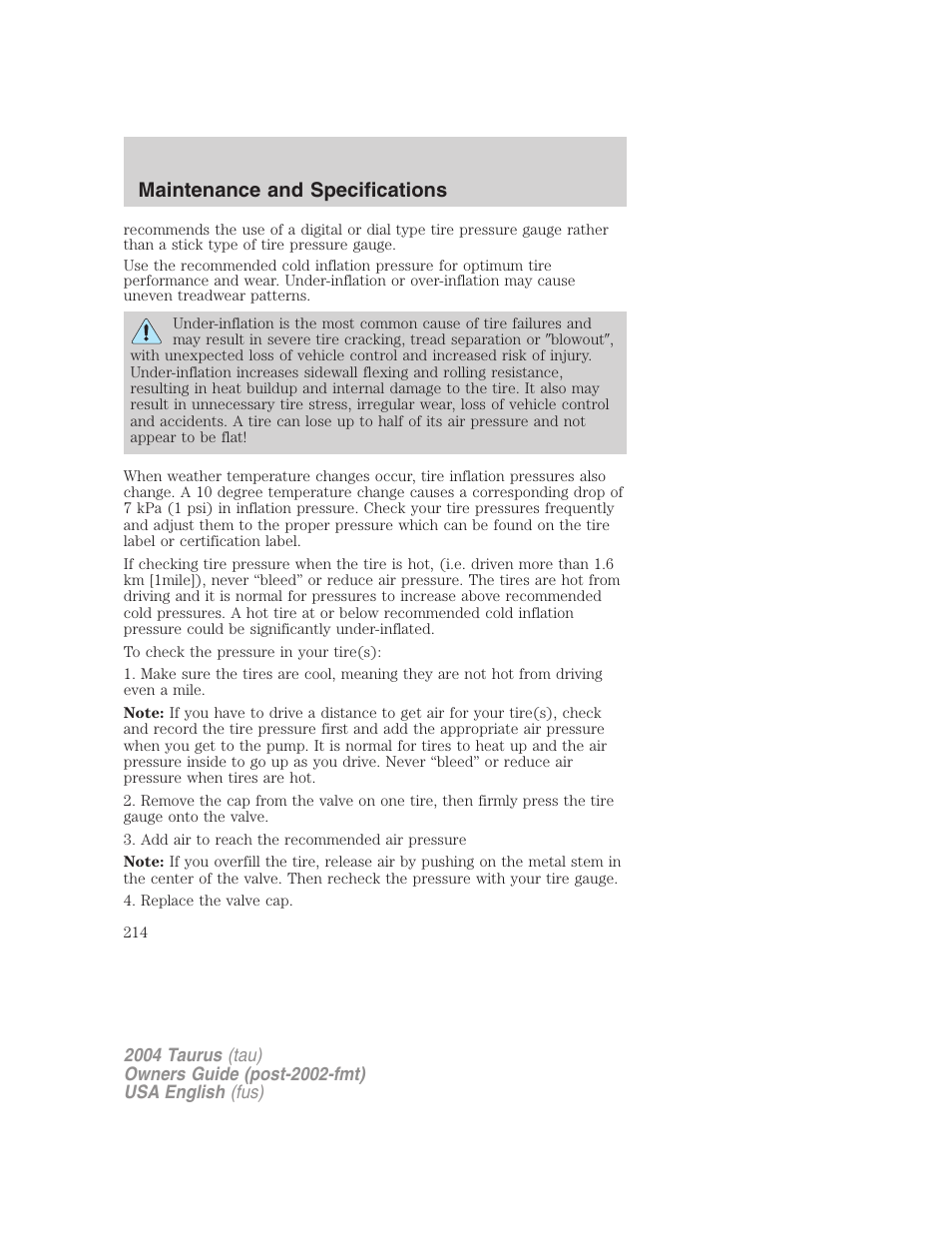 Maintenance and specifications | FORD 2004 Taurus v.1 User Manual | Page 214 / 240