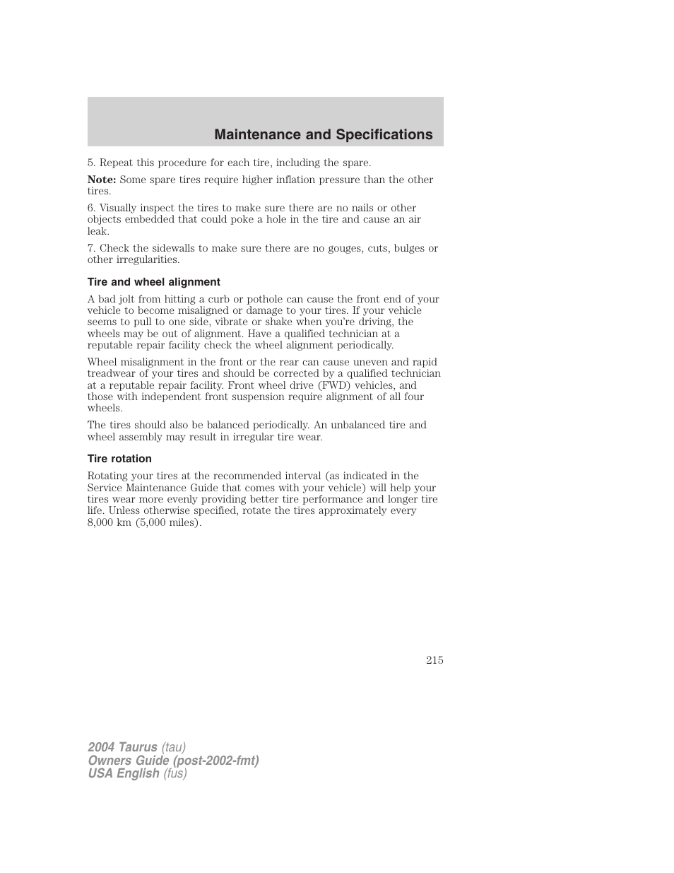 Maintenance and specifications | FORD 2004 Taurus v.1 User Manual | Page 215 / 240
