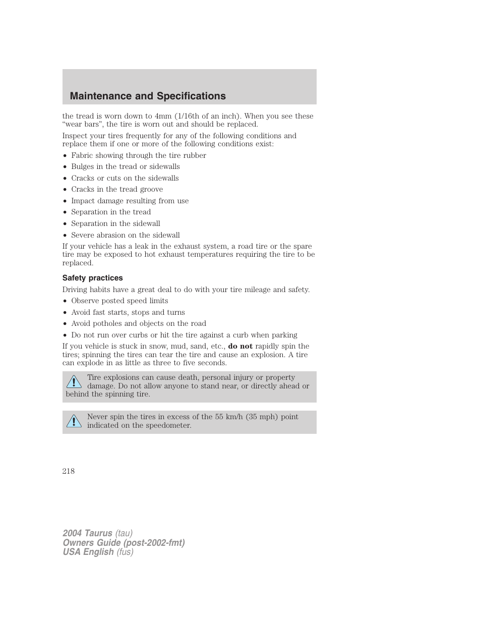Maintenance and specifications | FORD 2004 Taurus v.1 User Manual | Page 218 / 240