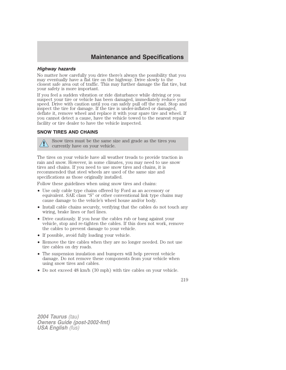 Maintenance and specifications | FORD 2004 Taurus v.1 User Manual | Page 219 / 240