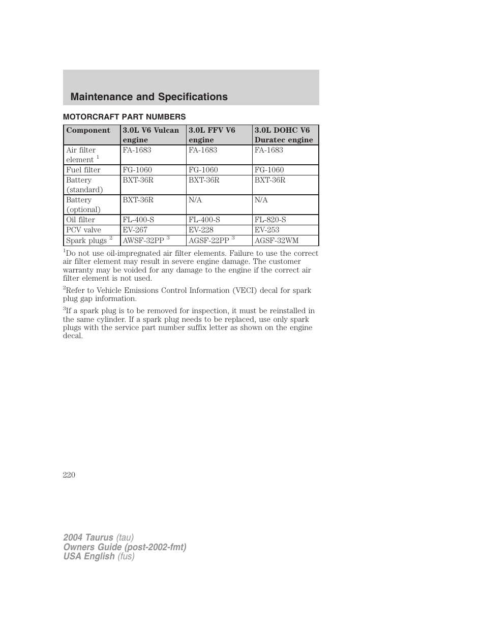 Maintenance and specifications | FORD 2004 Taurus v.1 User Manual | Page 220 / 240