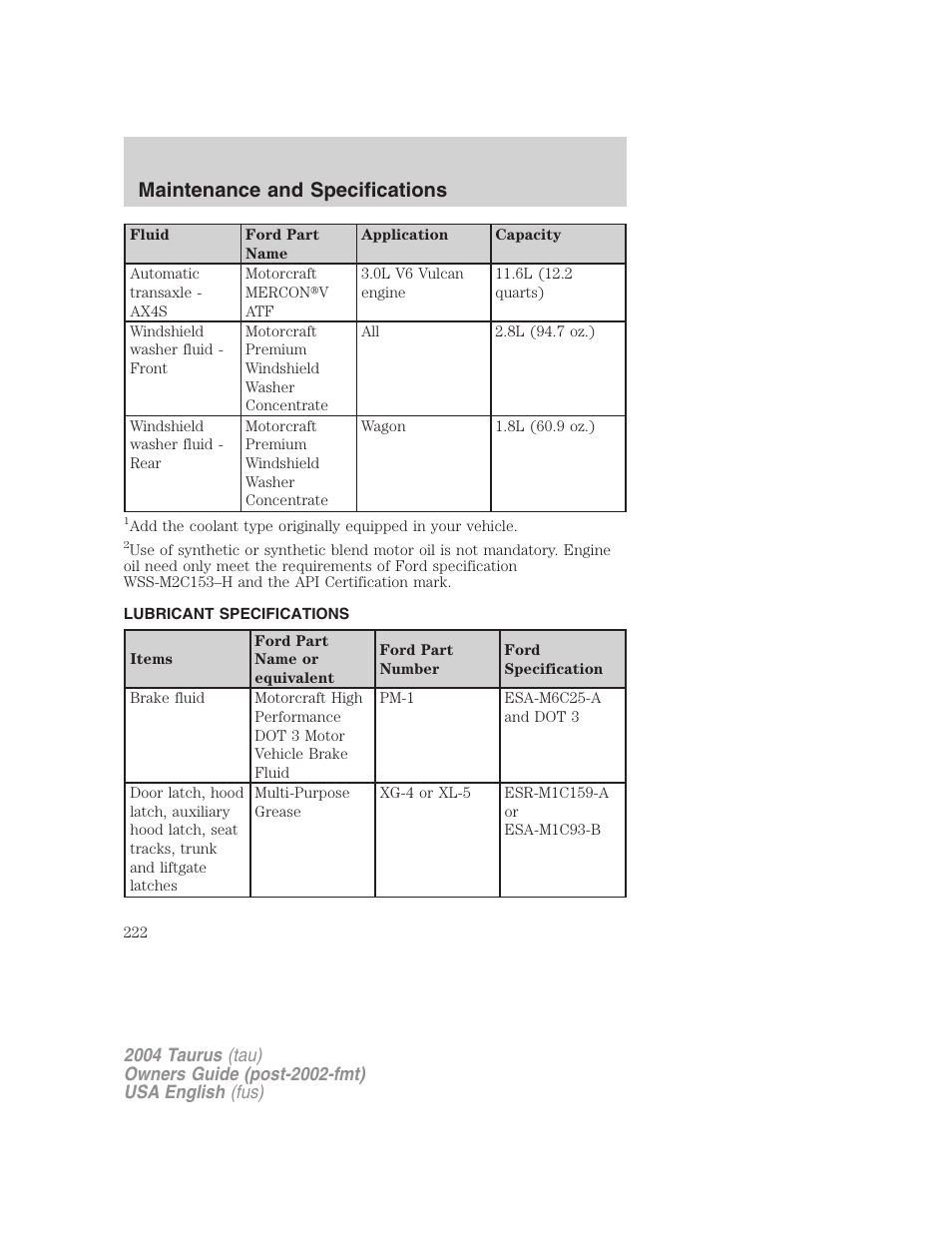 Maintenance and specifications | FORD 2004 Taurus v.1 User Manual | Page 222 / 240