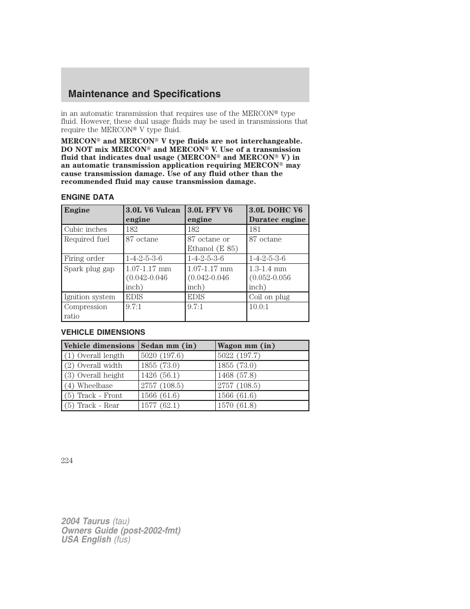 Maintenance and specifications | FORD 2004 Taurus v.1 User Manual | Page 224 / 240