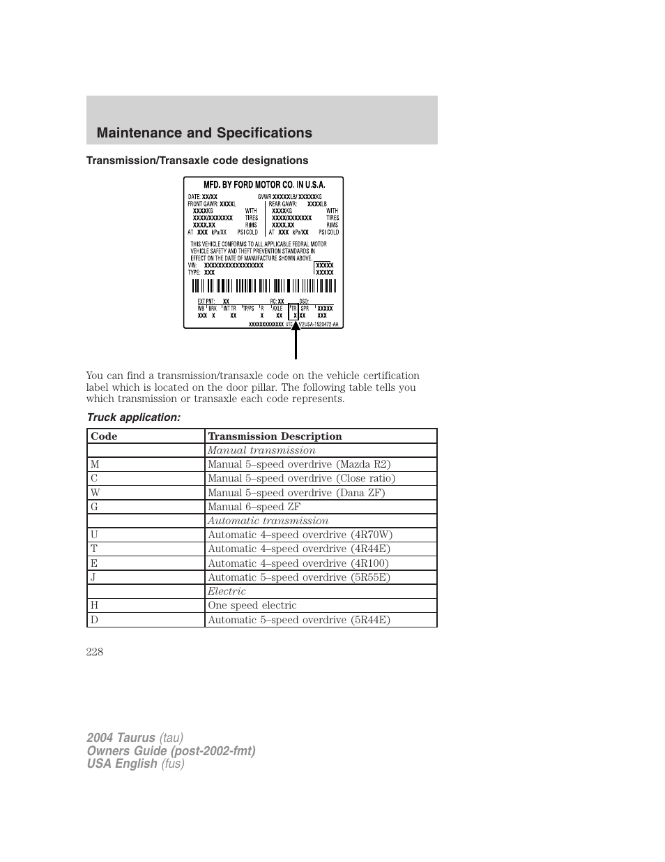 Maintenance and specifications | FORD 2004 Taurus v.1 User Manual | Page 228 / 240