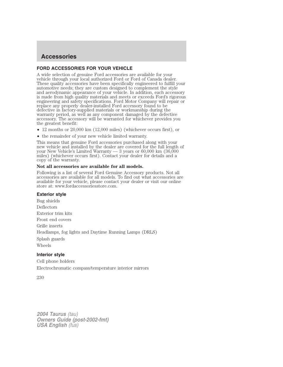 Accessories | FORD 2004 Taurus v.1 User Manual | Page 230 / 240