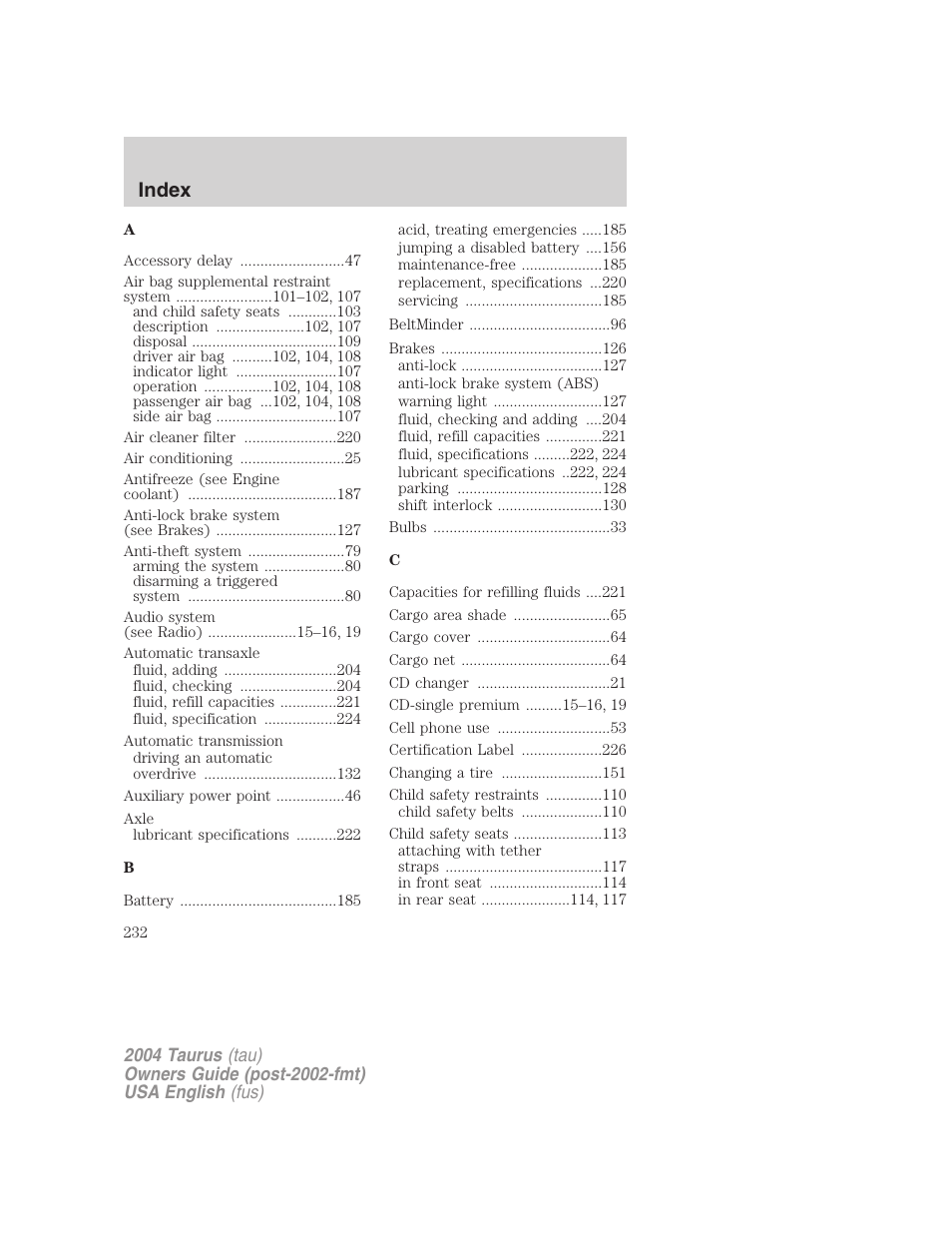 Index | FORD 2004 Taurus v.1 User Manual | Page 232 / 240