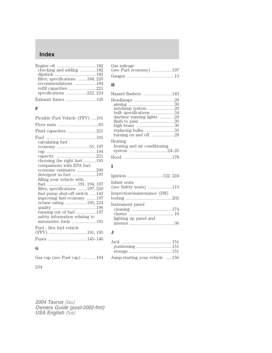 Index | FORD 2004 Taurus v.1 User Manual | Page 234 / 240