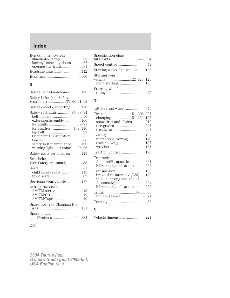 Index | FORD 2004 Taurus v.1 User Manual | Page 236 / 240