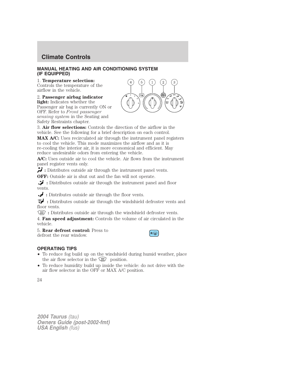 Climate controls | FORD 2004 Taurus v.1 User Manual | Page 24 / 240