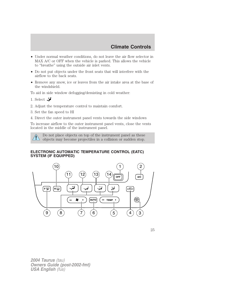 Climate controls | FORD 2004 Taurus v.1 User Manual | Page 25 / 240
