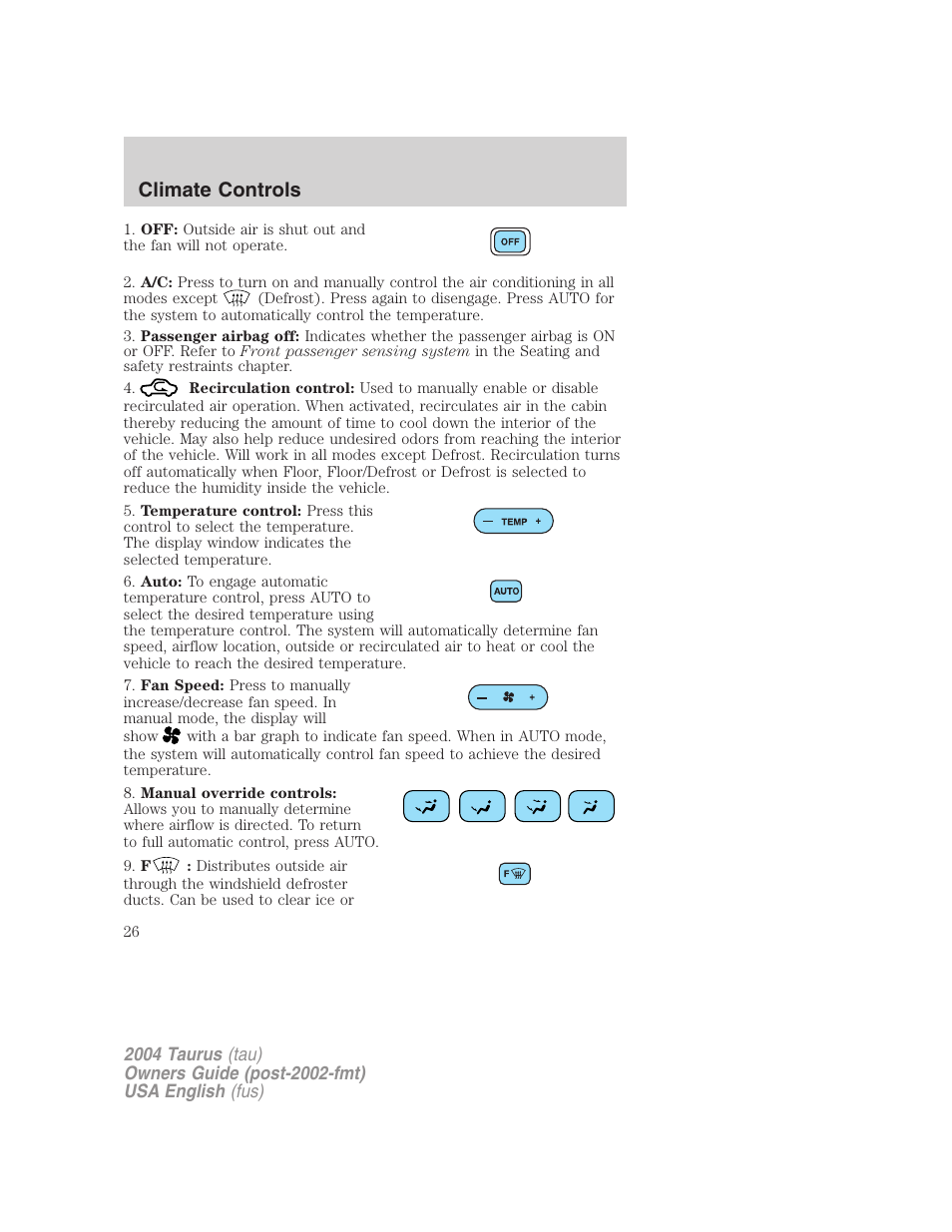 Climate controls | FORD 2004 Taurus v.1 User Manual | Page 26 / 240