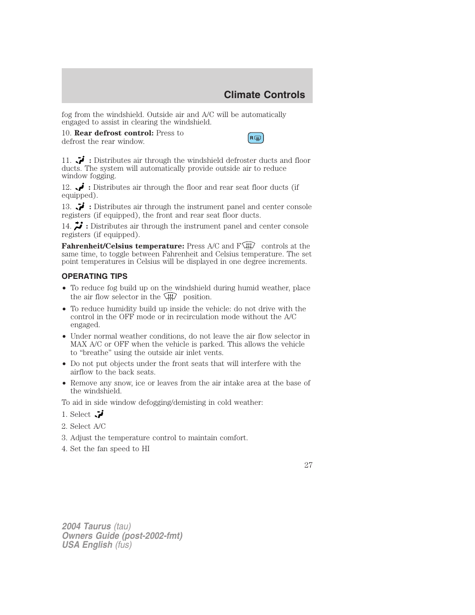 Climate controls | FORD 2004 Taurus v.1 User Manual | Page 27 / 240