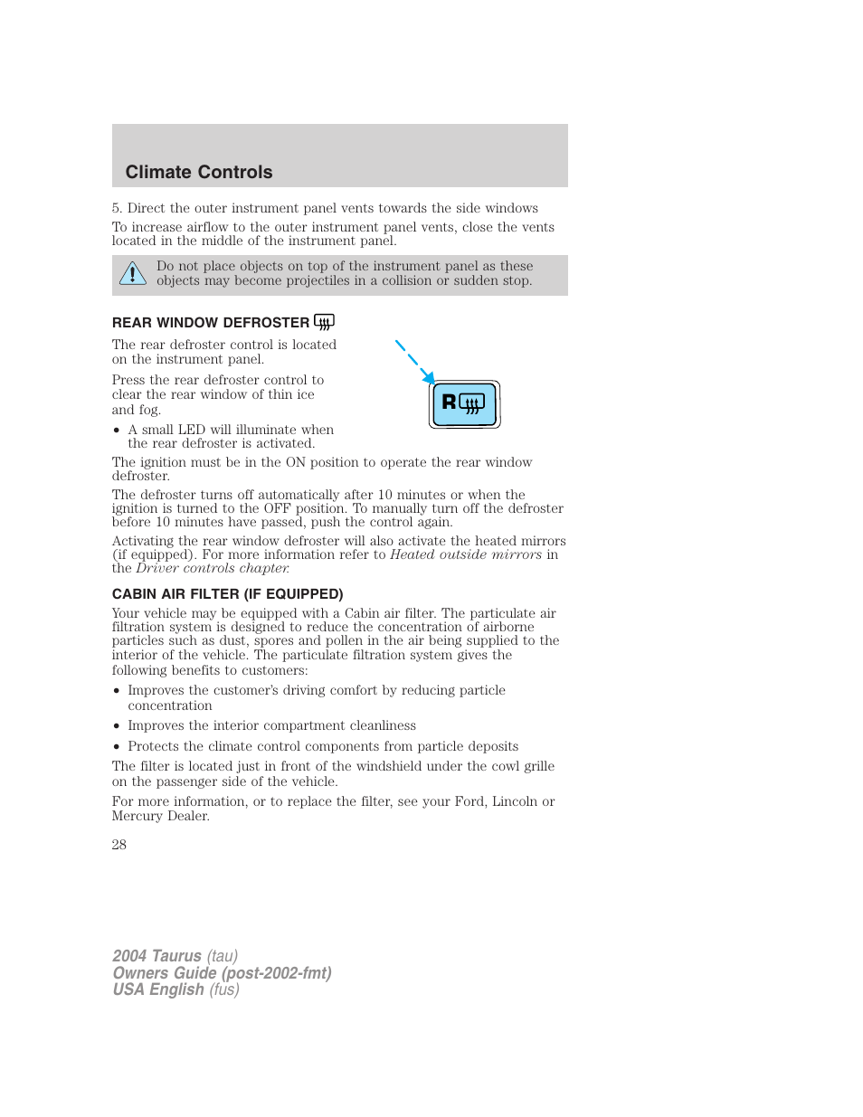 Climate controls | FORD 2004 Taurus v.1 User Manual | Page 28 / 240