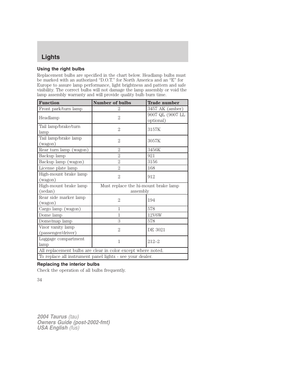 Lights | FORD 2004 Taurus v.1 User Manual | Page 34 / 240