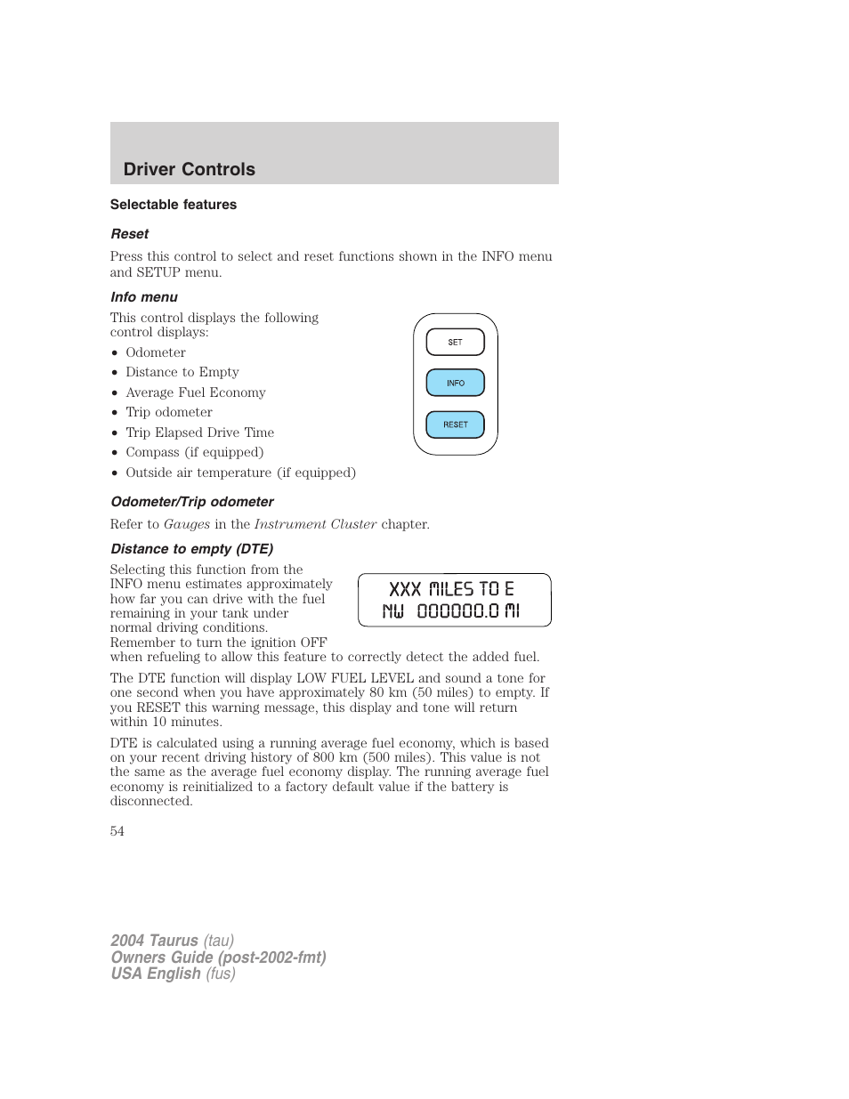 Driver controls | FORD 2004 Taurus v.1 User Manual | Page 54 / 240