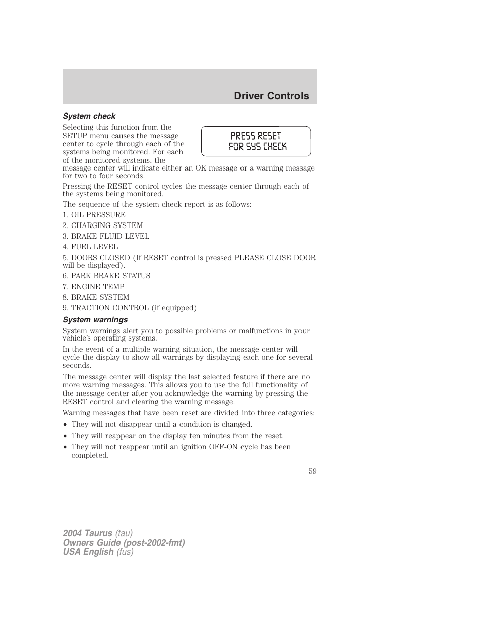 Driver controls | FORD 2004 Taurus v.1 User Manual | Page 59 / 240