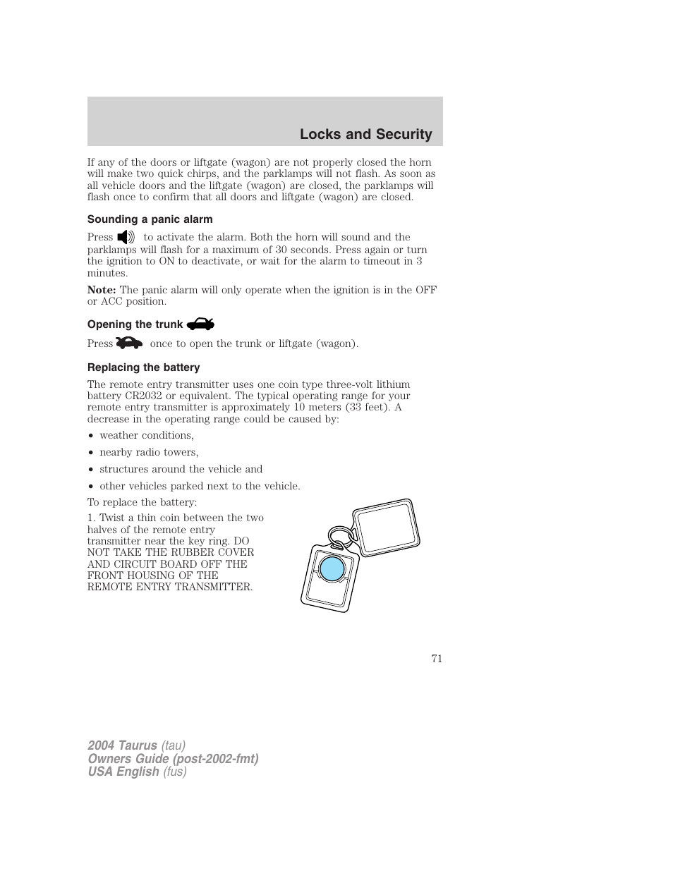 Locks and security | FORD 2004 Taurus v.1 User Manual | Page 71 / 240