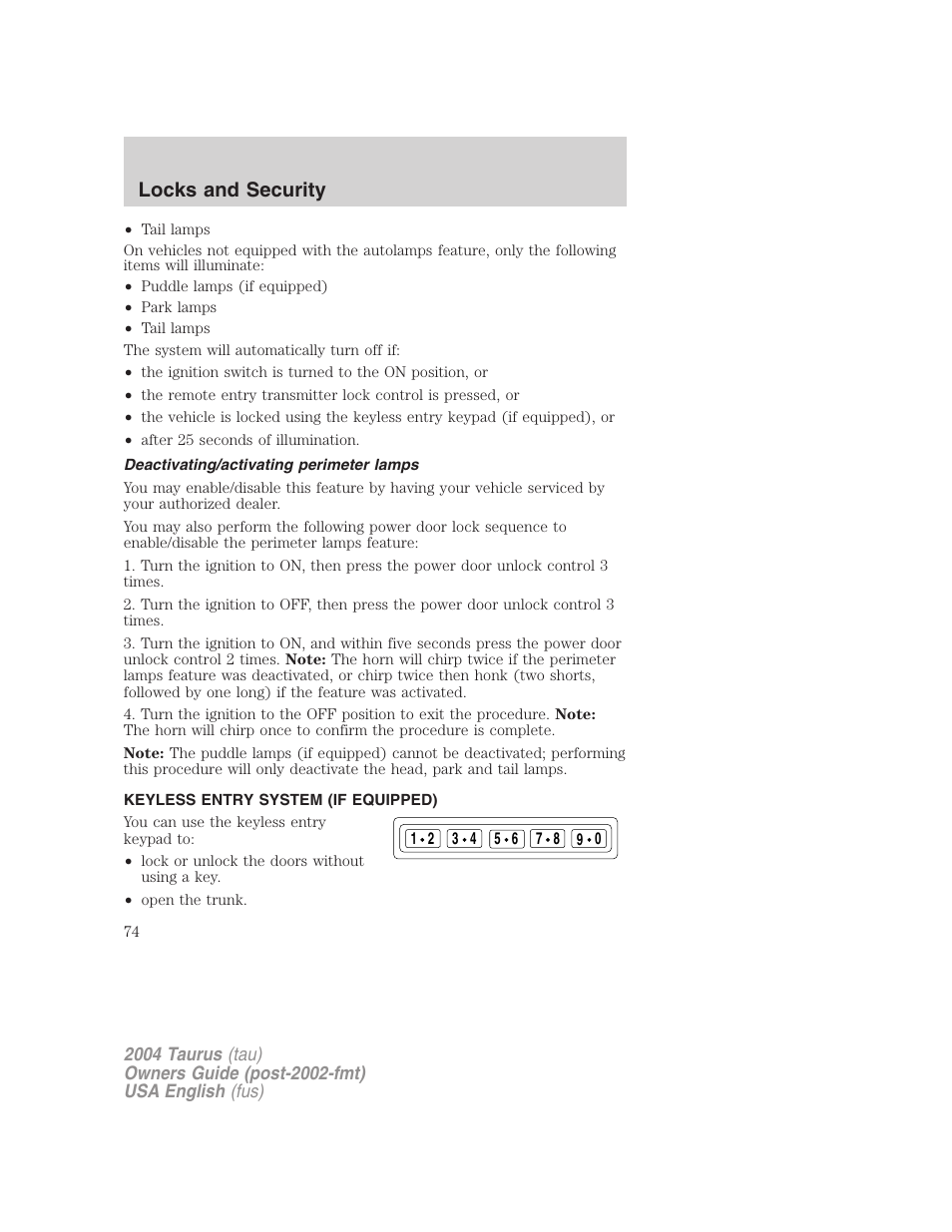 Locks and security | FORD 2004 Taurus v.1 User Manual | Page 74 / 240