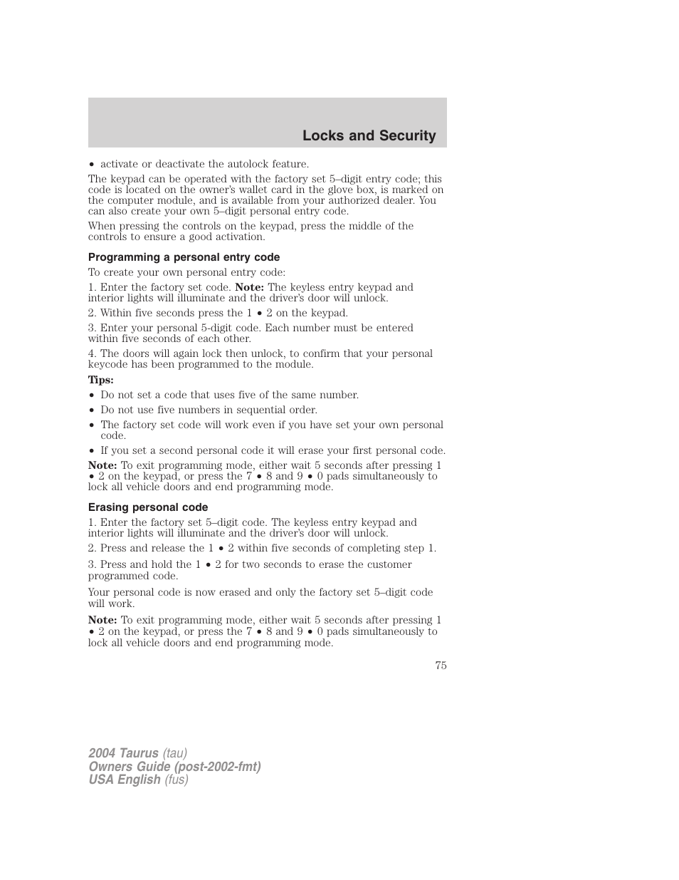 Locks and security | FORD 2004 Taurus v.1 User Manual | Page 75 / 240