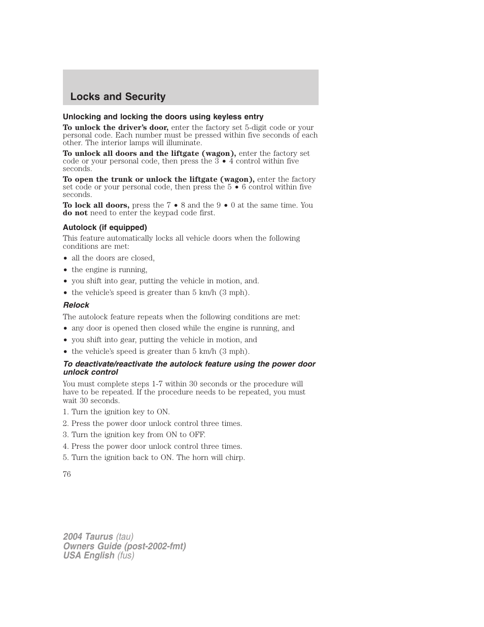 Locks and security | FORD 2004 Taurus v.1 User Manual | Page 76 / 240