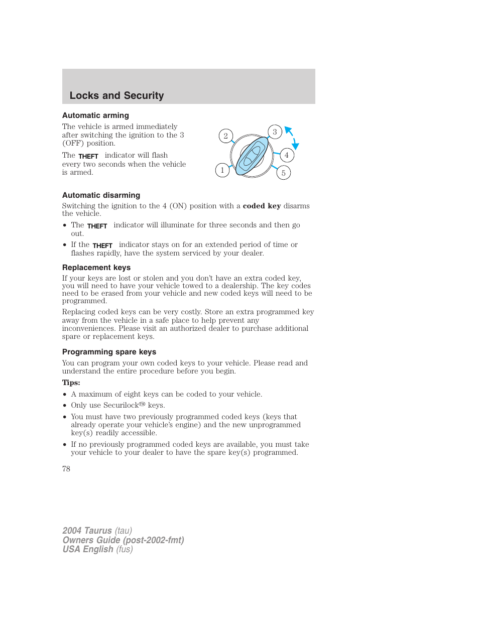 Locks and security | FORD 2004 Taurus v.1 User Manual | Page 78 / 240
