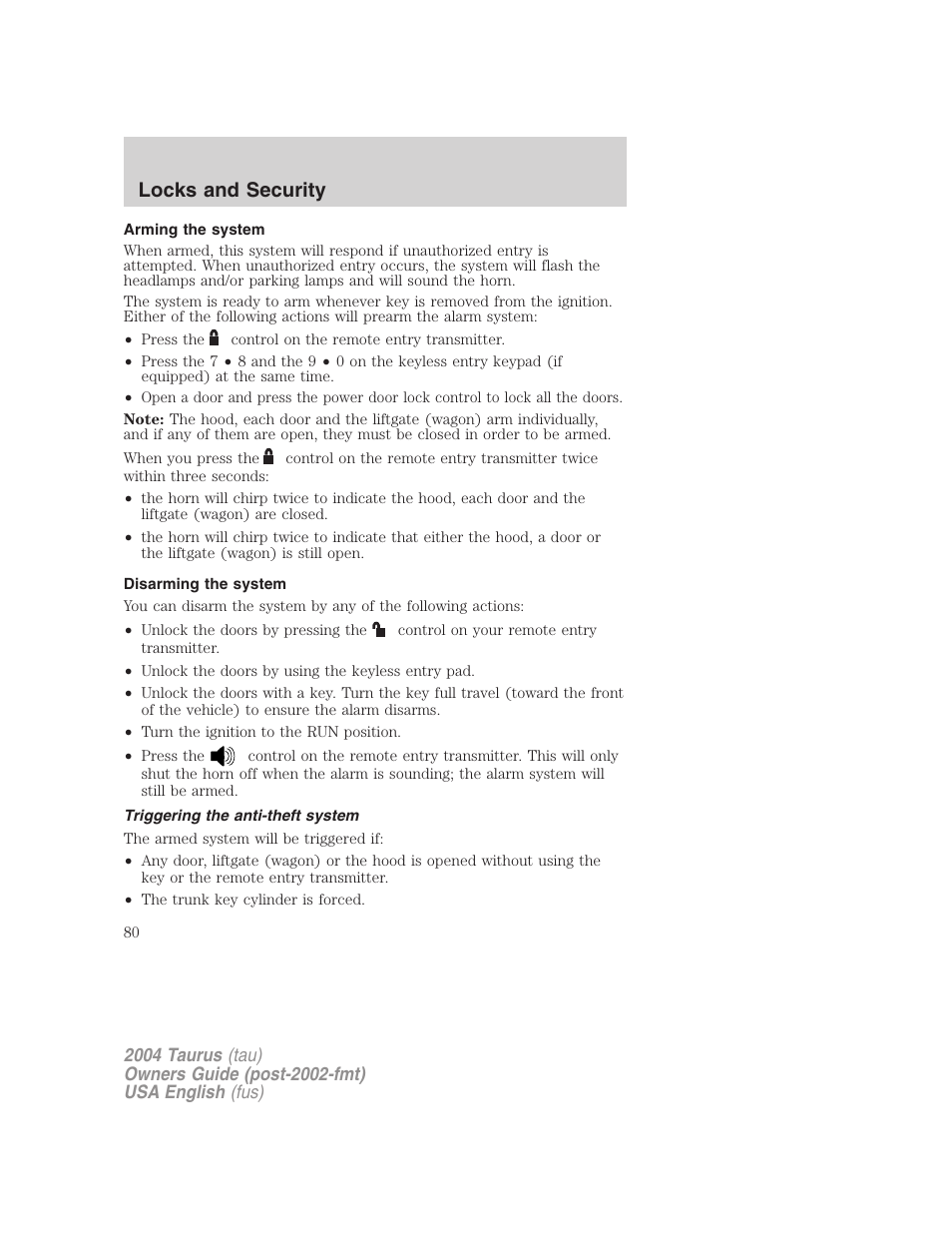 Locks and security | FORD 2004 Taurus v.1 User Manual | Page 80 / 240