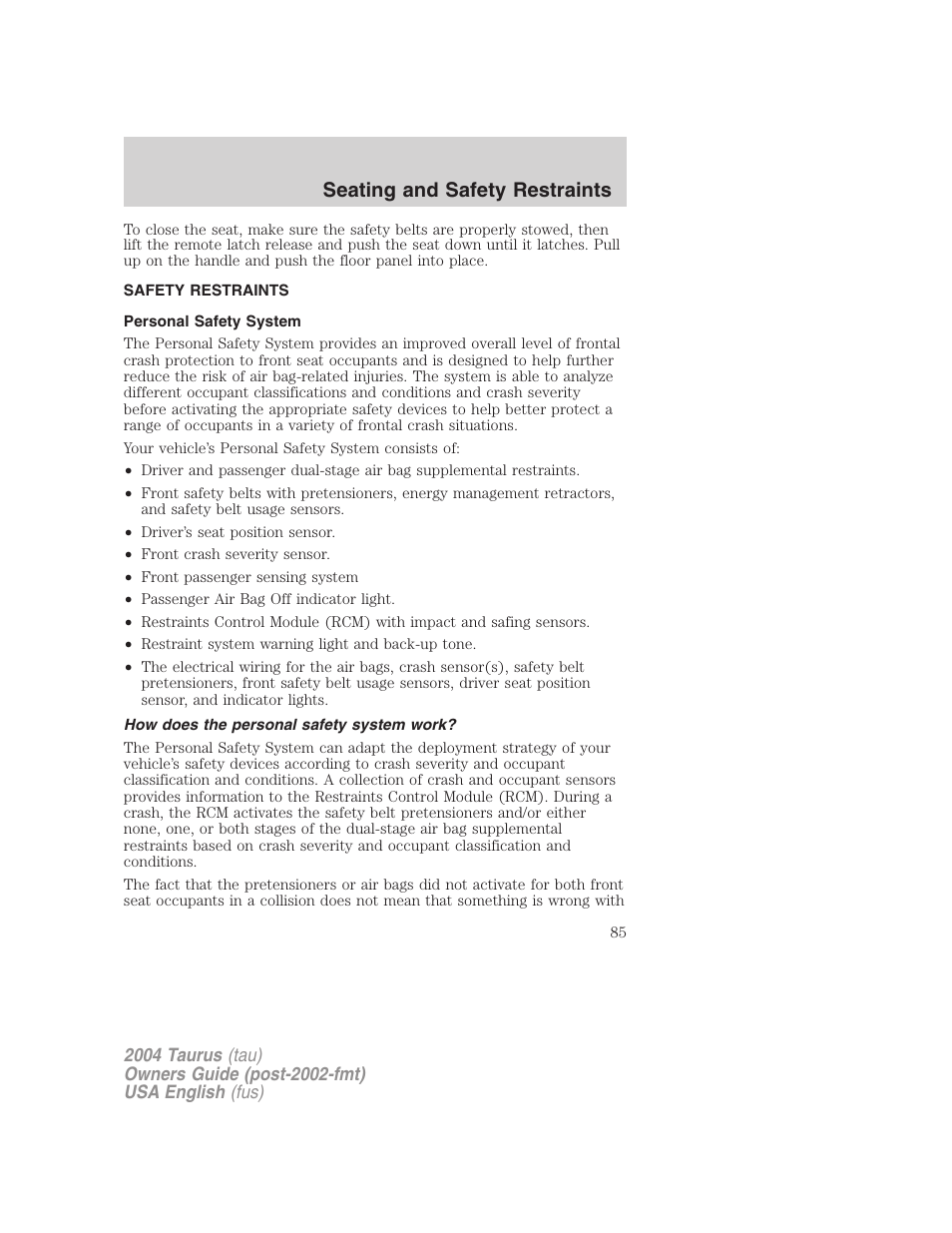 Seating and safety restraints | FORD 2004 Taurus v.1 User Manual | Page 85 / 240