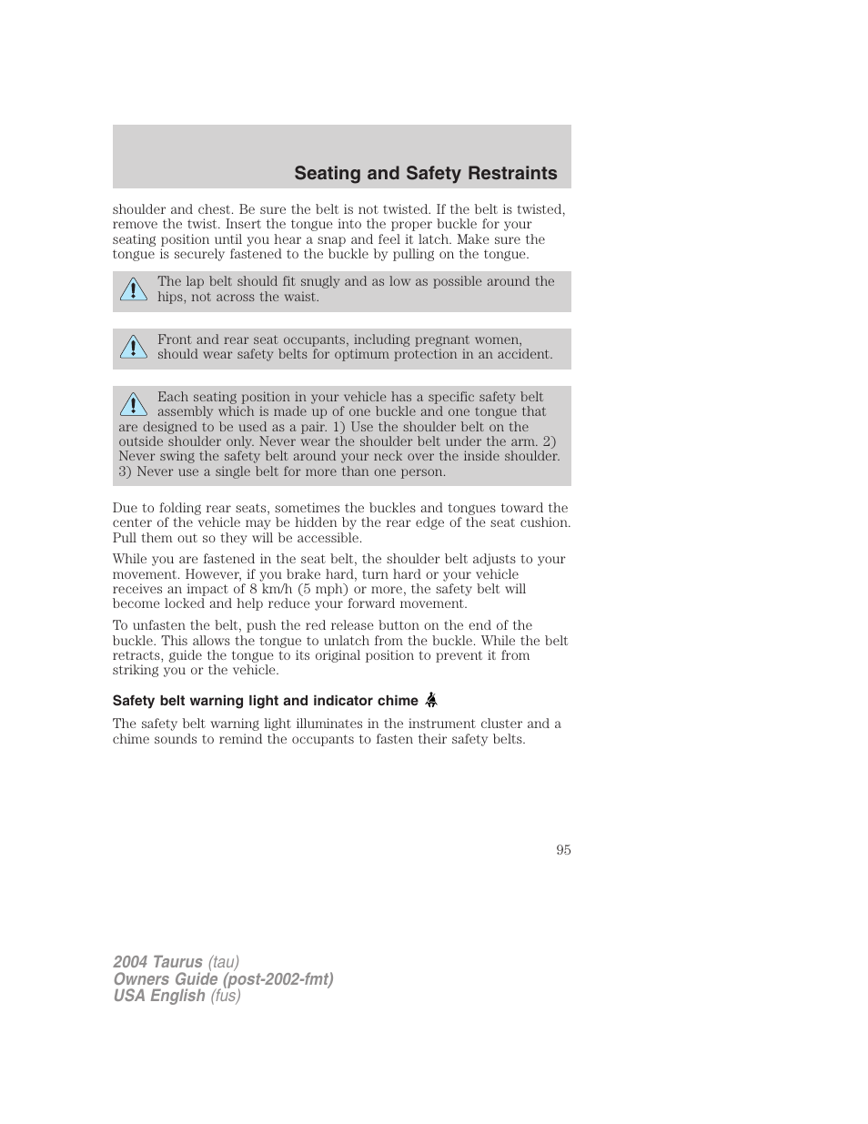 Seating and safety restraints | FORD 2004 Taurus v.1 User Manual | Page 95 / 240