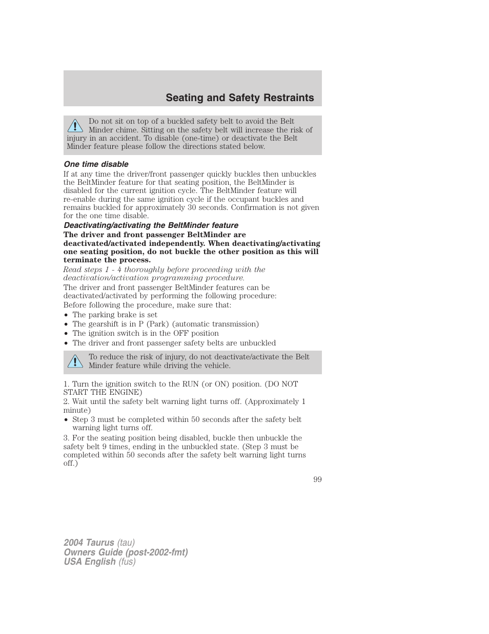 Seating and safety restraints | FORD 2004 Taurus v.1 User Manual | Page 99 / 240
