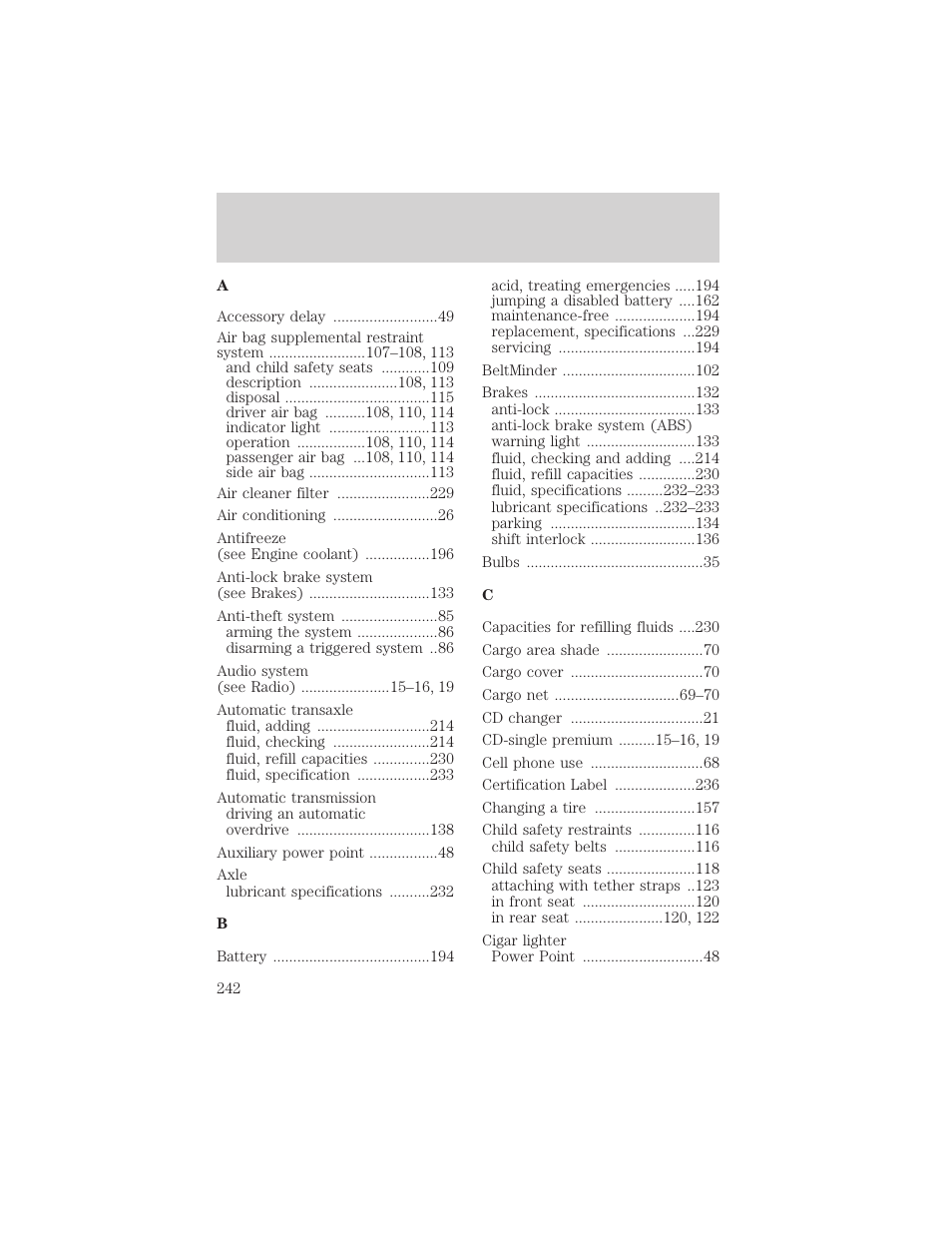 Index | FORD 2004 Taurus v.2 User Manual | Page 242 / 248