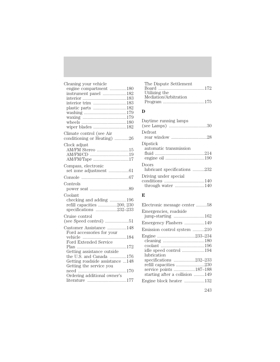 Index | FORD 2004 Taurus v.2 User Manual | Page 243 / 248