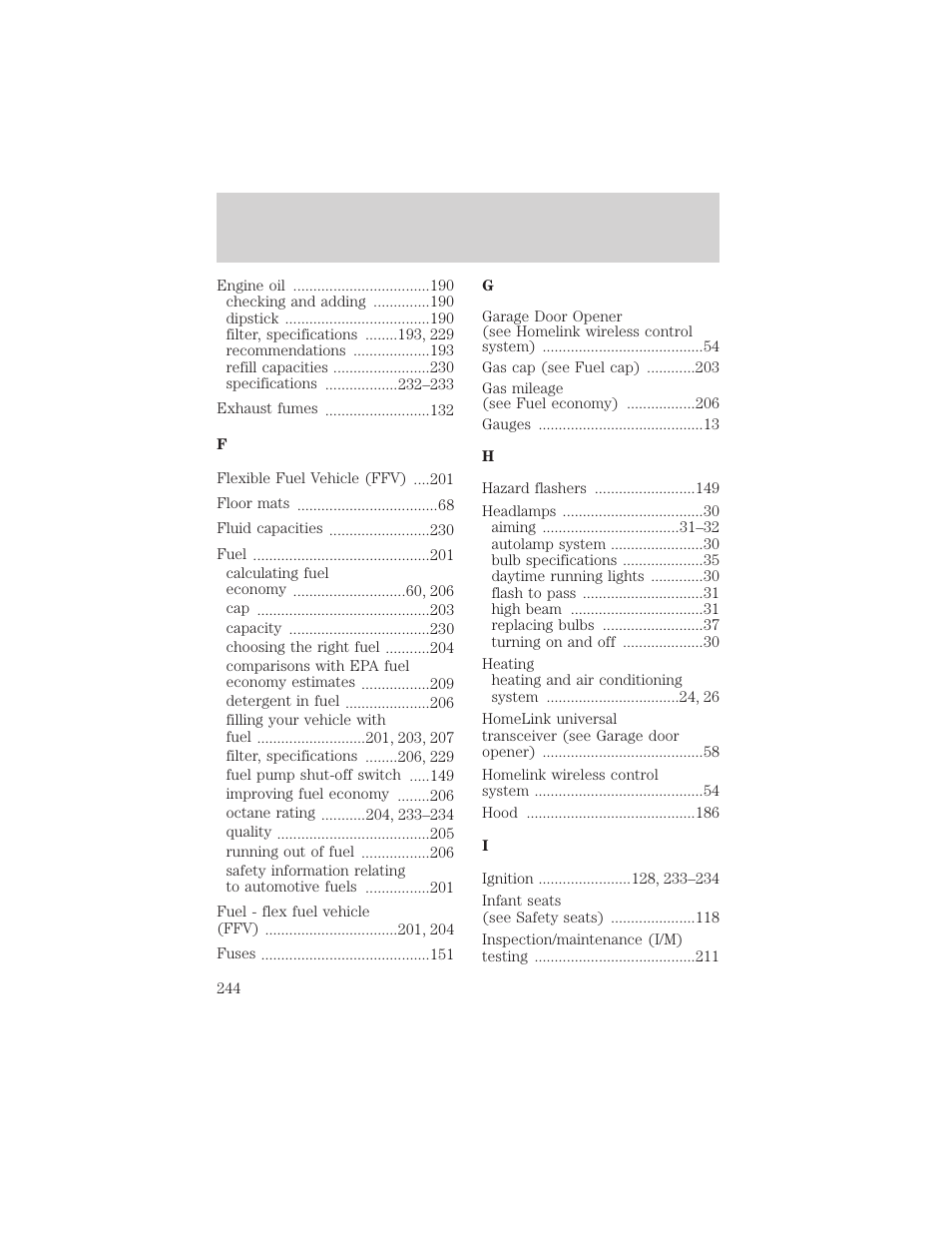 Index | FORD 2004 Taurus v.2 User Manual | Page 244 / 248