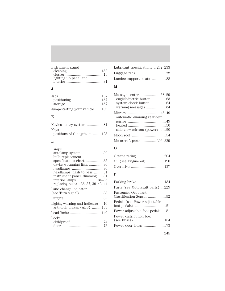 Index | FORD 2004 Taurus v.2 User Manual | Page 245 / 248