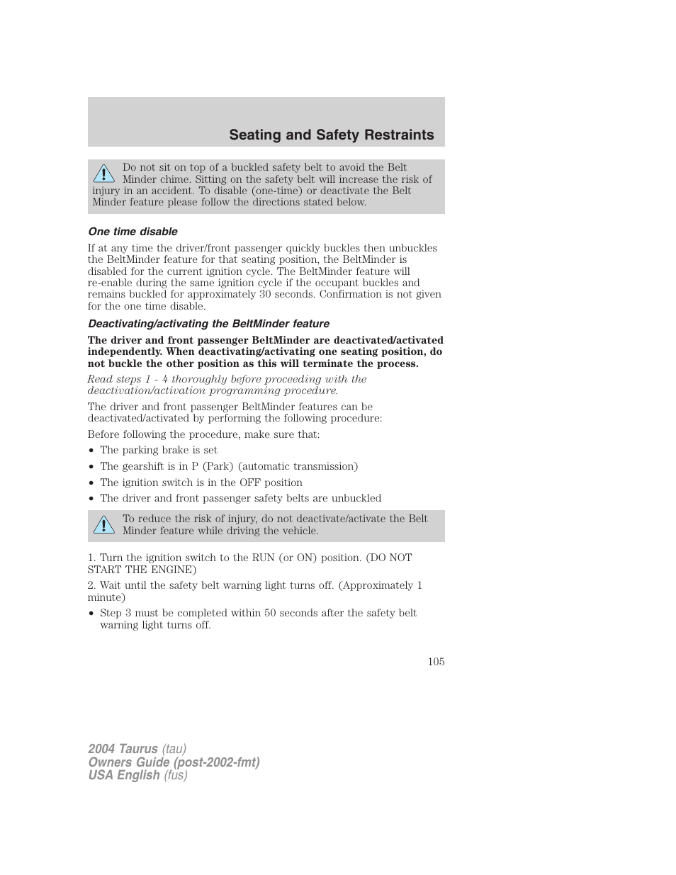 Seating and safety restraints | FORD 2004 Taurus v.3 User Manual | Page 105 / 248
