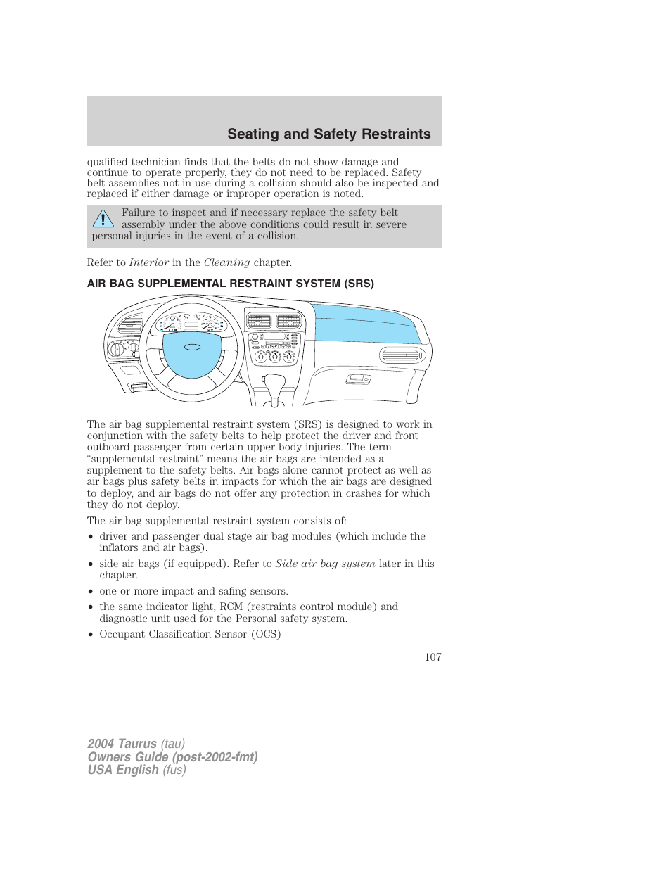 Seating and safety restraints | FORD 2004 Taurus v.3 User Manual | Page 107 / 248