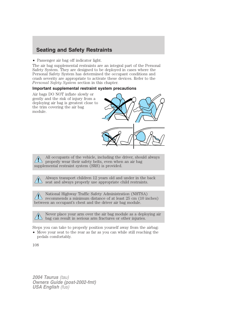 Seating and safety restraints | FORD 2004 Taurus v.3 User Manual | Page 108 / 248