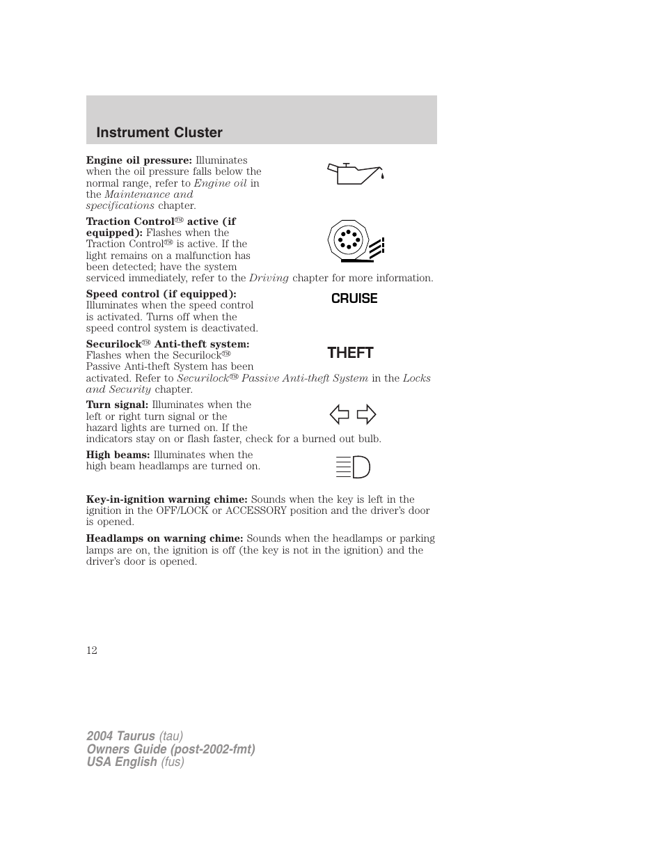 Instrument cluster | FORD 2004 Taurus v.3 User Manual | Page 12 / 248