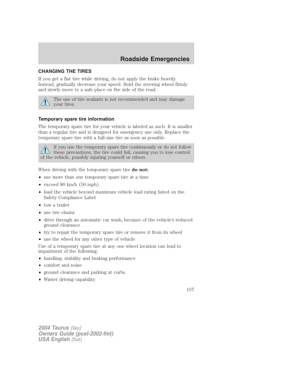 Roadside emergencies | FORD 2004 Taurus v.3 User Manual | Page 157 / 248