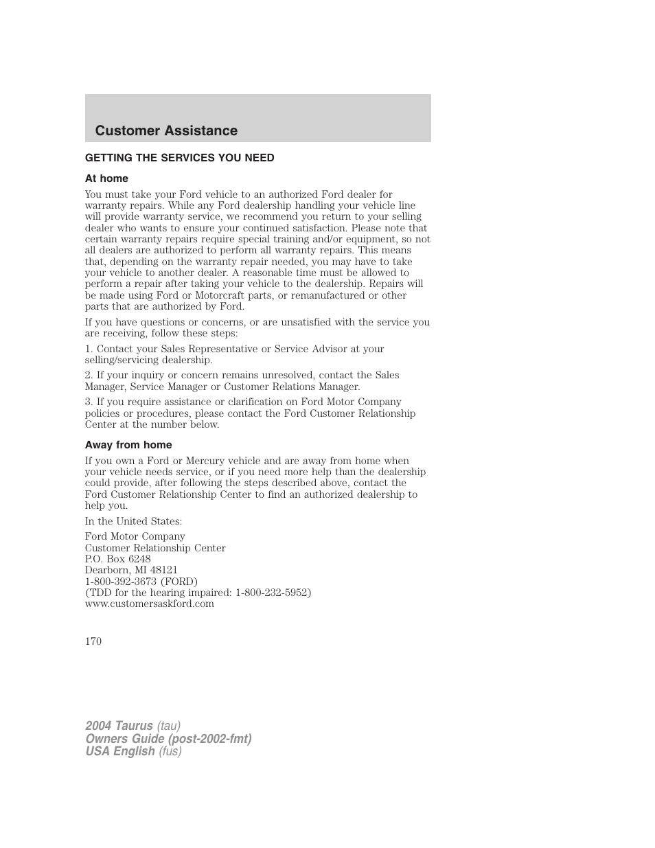 Customer assistance | FORD 2004 Taurus v.3 User Manual | Page 170 / 248