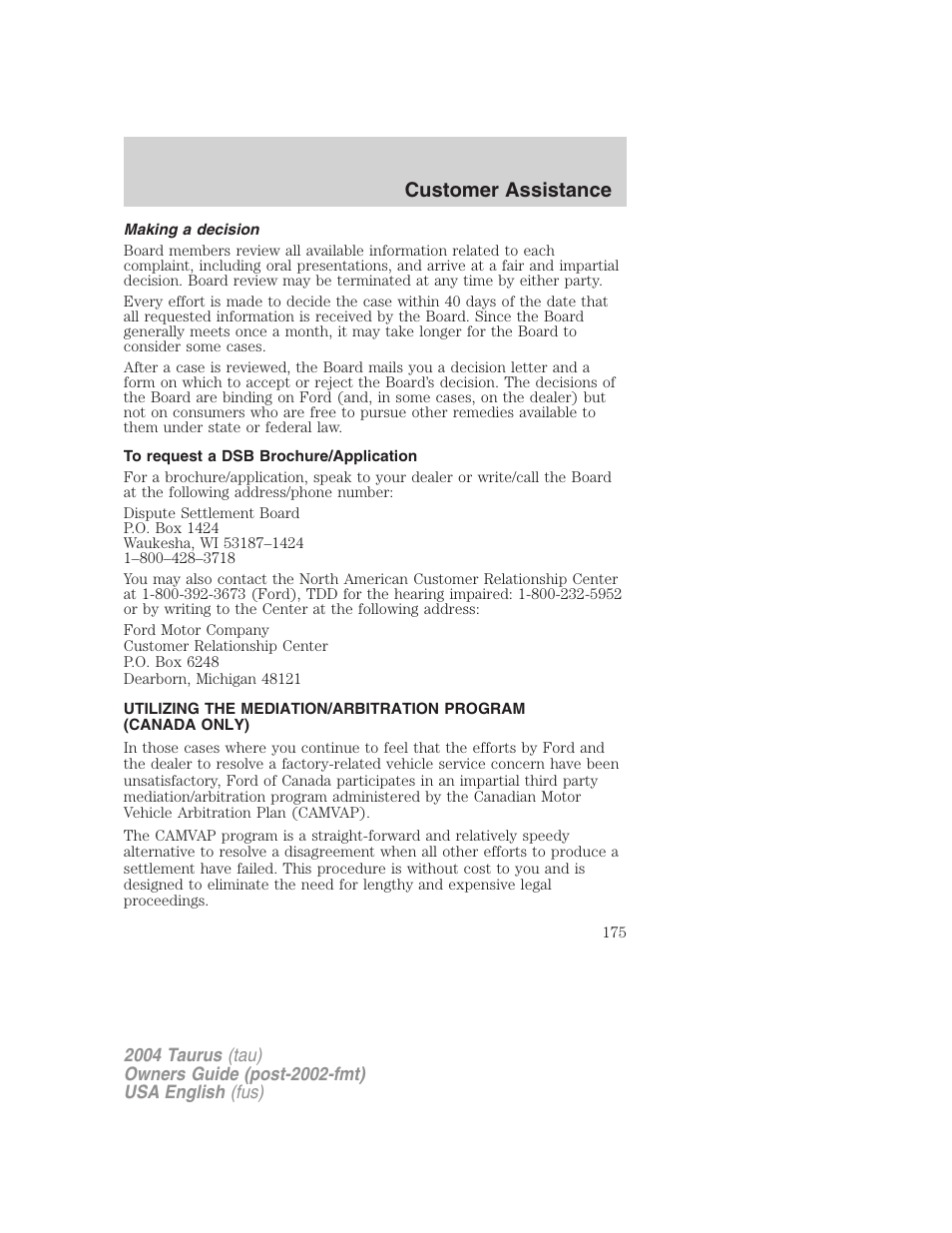 Customer assistance | FORD 2004 Taurus v.3 User Manual | Page 175 / 248