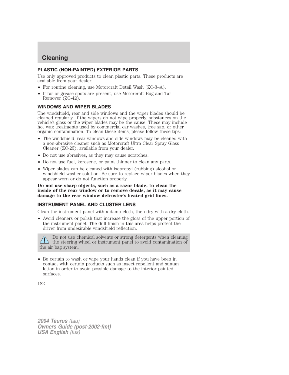 Cleaning | FORD 2004 Taurus v.3 User Manual | Page 182 / 248