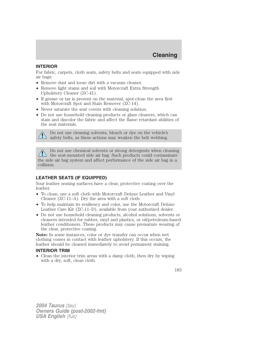 Cleaning | FORD 2004 Taurus v.3 User Manual | Page 183 / 248