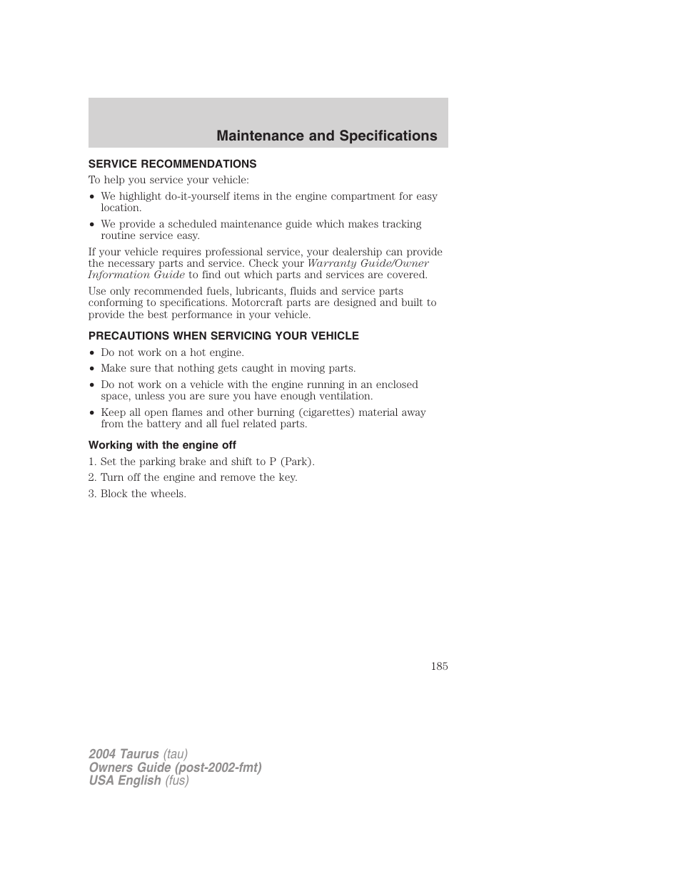 Maintenance and specifications | FORD 2004 Taurus v.3 User Manual | Page 185 / 248